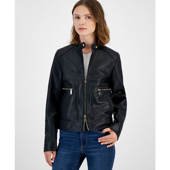 Sam Edelman Real Leather Moto Jacket Black Gold Zip Size Small - Picture 1 of 9